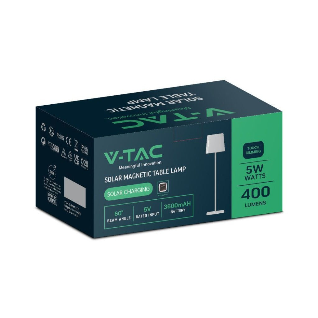 Scatola della lampada da tavolo magnetica solare V-TAC bianca con pannello solare, LED da 5W, 400 lumen, batteria da 3600mAh, indicazioni di energia solare e dimmer touch