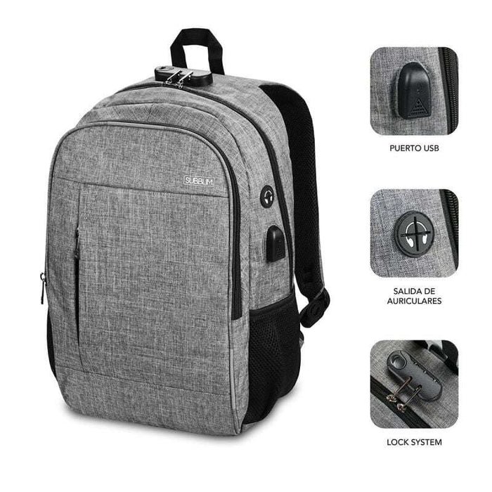 Subblim Zaino Urban Lock System - per Laptop fino a 16" - Blocco Antifurto - Cinghie Ergonomiche - Schiena con Sistema Airflow - Doppia Zip - Tasche Laterali in Rete - Porta USB - Uscita Cuffie - Colore Grigio