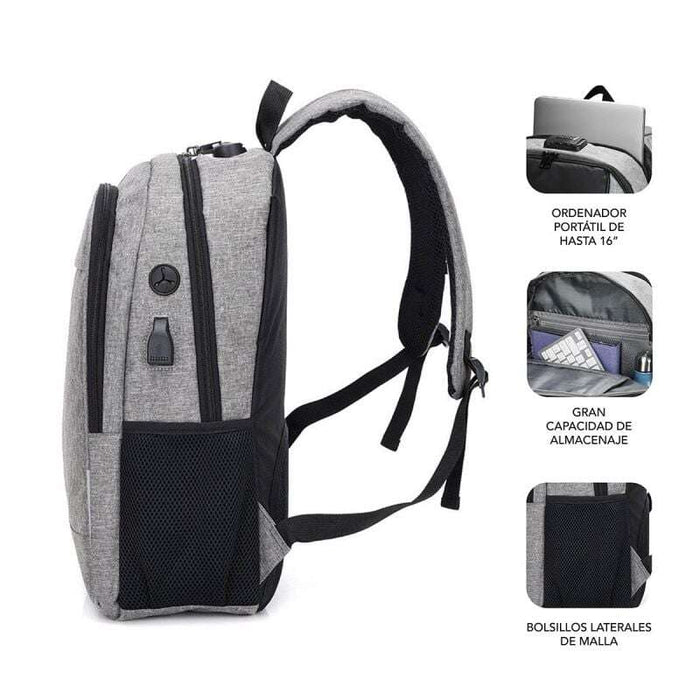 Subblim Zaino Urban Lock System - per Laptop fino a 16" - Blocco Antifurto - Cinghie Ergonomiche - Schiena con Sistema Airflow - Doppia Zip - Tasche Laterali in Rete - Porta USB - Uscita Cuffie - Colore Grigio