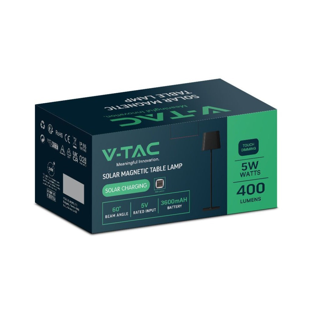 Scatola della lampada da tavolo magnetica solare V-TAC nera con design compatto, indicazioni di ricarica solare, 5W, 400 lumen, SKU: 23413