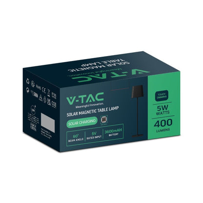 Scatola della lampada da tavolo magnetica solare V-TAC nera con design compatto, indicazioni di ricarica solare, 5W, 400 lumen, SKU: 23413