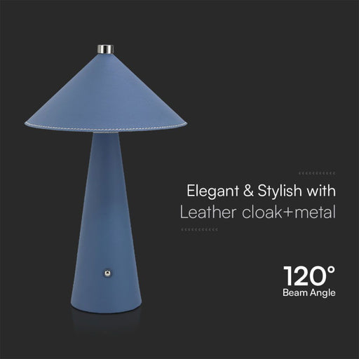 Lampada LED da Tavolo 3W Blu Ricaricabile Touch Dimmer 3in1 con angolo di fascio a 120°, struttura in metallo e rivestimento in pelle elegante.