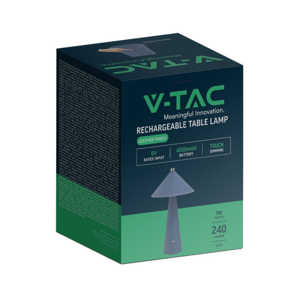 Confezione della Lampada LED da Tavolo 3W Blu Ricaricabile Touch Dimmer 3in1 V-TAC VT-10117 con batteria 4000mAh e luminosità 240 lumen.