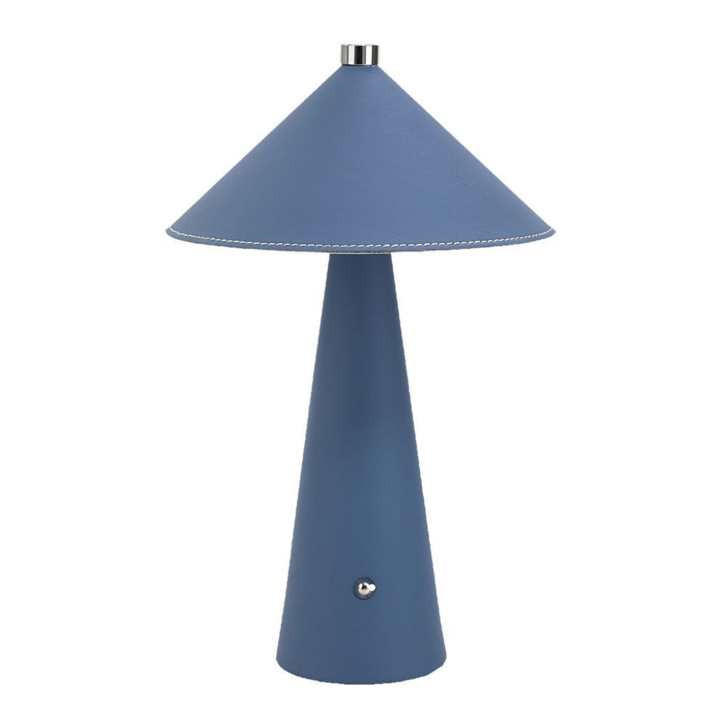 Lampada LED da Tavolo 3W Blu Ricaricabile Touch Dimmer 3in1 con design moderno a cono e finitura in pelle, ideale per scrivanie e comodini.
