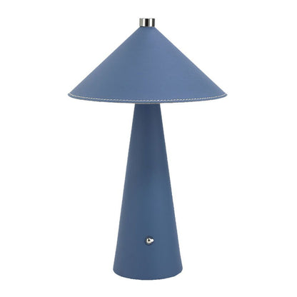 Lampada LED da Tavolo 3W Blu Ricaricabile Touch Dimmer 3in1 con design moderno a cono e finitura in pelle, ideale per scrivanie e comodini.