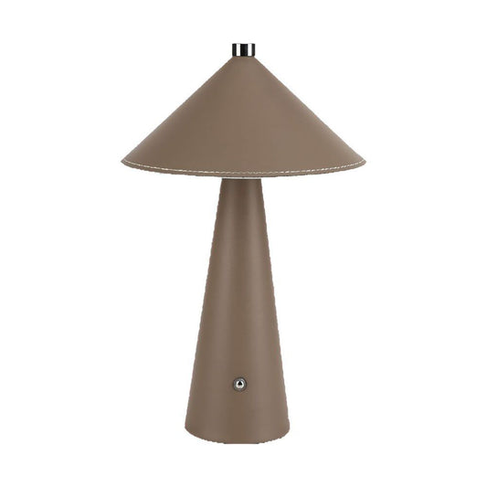 Lampada da tavolo LED marrone ricaricabile USB-C con base conico in materiale resistente, design elegante e touch per regolazione della luminosità