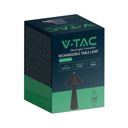Confezione della Lampada LED da Tavolo 3W Nera Ricaricabile Touch Dimmer 3in1 V-TAC VT-10117 con dettagli tecnici e logo.