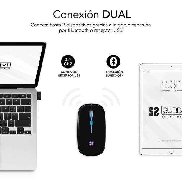 Subblim Mouse LED Dual Flat - Connettività Doppia - Tecnologia Silent Click - Illuminazione LED in 7 Colori - Colore Nero