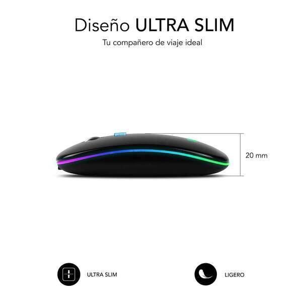 Subblim Mouse LED Dual Flat - Connettività Doppia - Tecnologia Silent Click - Illuminazione LED in 7 Colori - Colore Nero