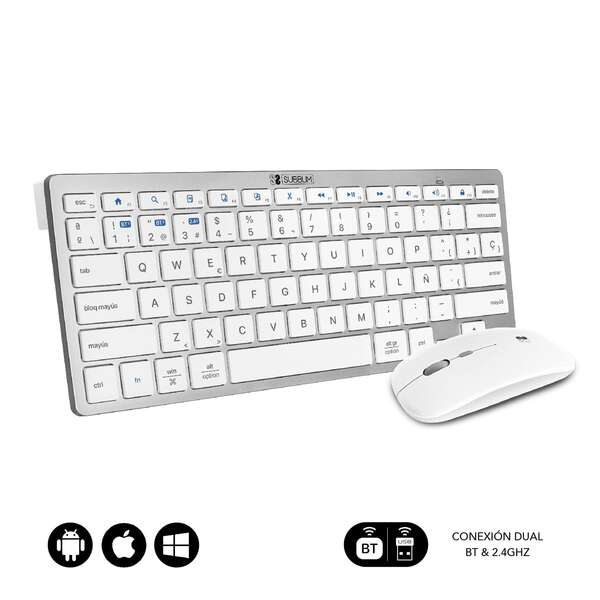 Subblim Combo Multidispositivo Compatto - Connettività Wireless Multidispositivo - Compatibile con Windows, Android, iOS e macOS - Controllo Multimediale - Tastiera in Italiano - Colore Bianco