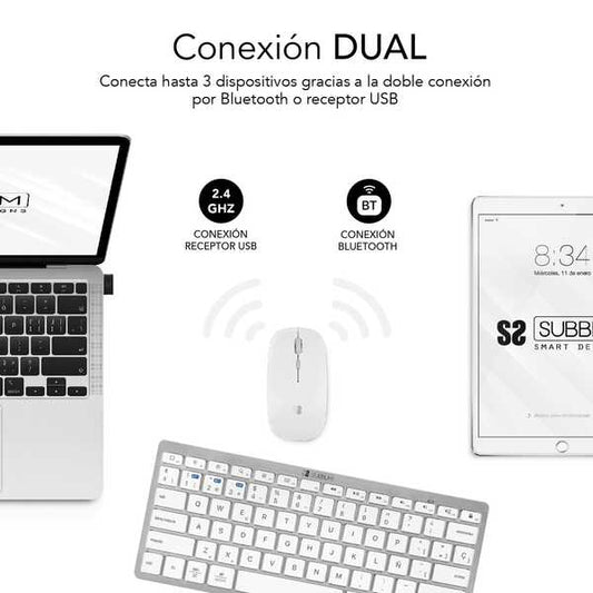 Subblim Combo Multidispositivo Compatto - Connettività Wireless Multidispositivo - Compatibile con Windows, Android, iOS e macOS - Controllo Multimediale - Tastiera in Italiano - Colore Bianco