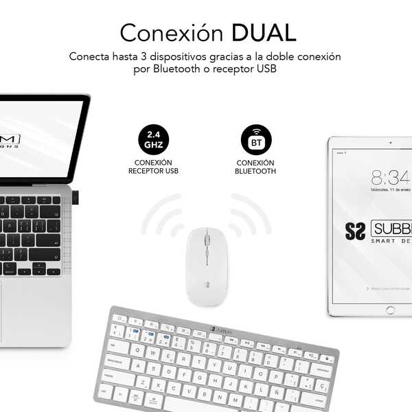 Subblim Combo Multidispositivo Compatto - Connettività Wireless Multidispositivo - Compatibile con Windows, Android, iOS e macOS - Controllo Multimediale - Tastiera in Italiano - Colore Bianco