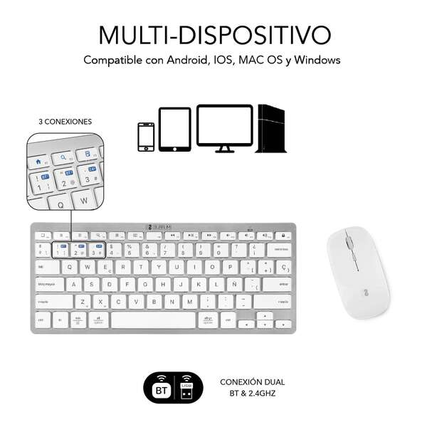 Subblim Combo Multidispositivo Compatto - Connettività Wireless Multidispositivo - Compatibile con Windows, Android, iOS e macOS - Controllo Multimediale - Tastiera in Italiano - Colore Bianco