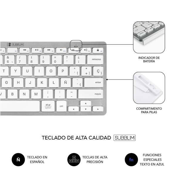 Subblim Combo Multidispositivo Compatto - Connettività Wireless Multidispositivo - Compatibile con Windows, Android, iOS e macOS - Controllo Multimediale - Tastiera in Italiano - Colore Bianco