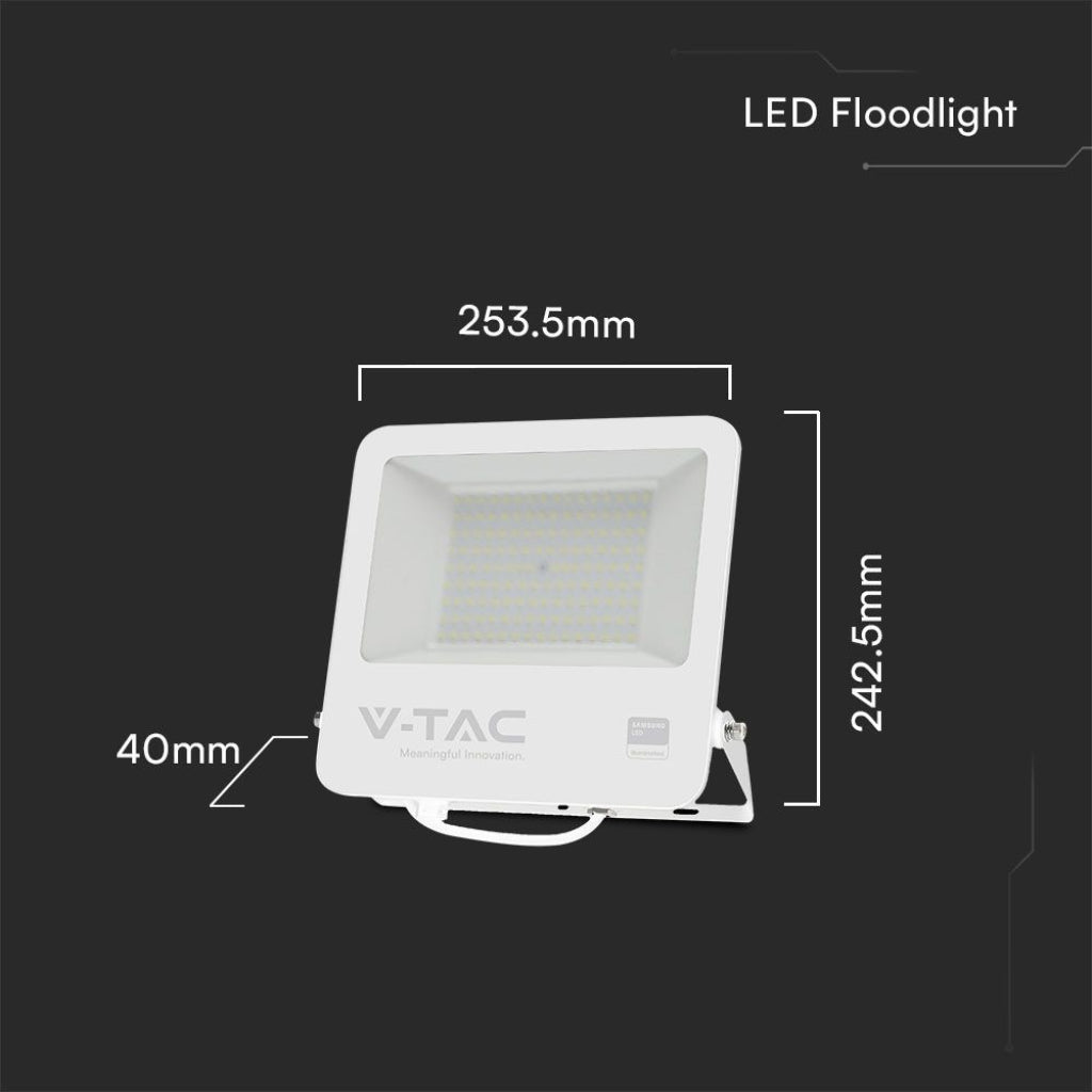 Dimensioni del Faro LED 100W V-TAC: 253,5x242,5x40 mm, compatto e facile da montare in ambienti esterni e industriali.