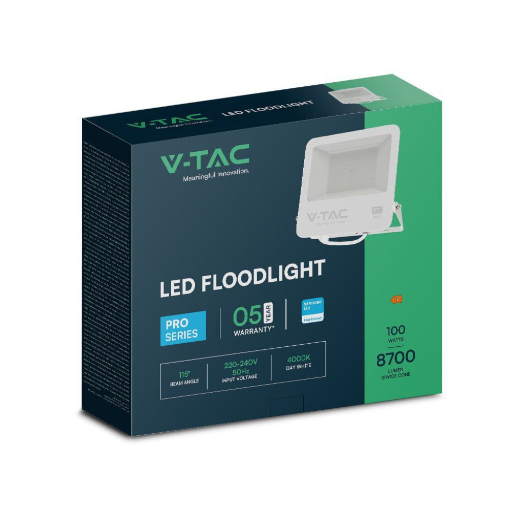 Confezione del Faro LED 100W Chip Samsung Bianco 6400K IP65 V-TAC, con specifiche tecniche e garanzia di 5 anni.