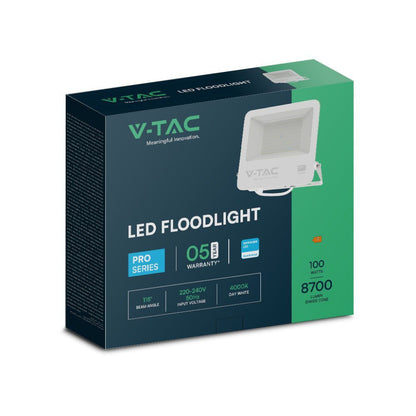 Confezione del Faro LED 100W Chip Samsung Bianco 6400K IP65 V-TAC, con specifiche tecniche e garanzia di 5 anni.