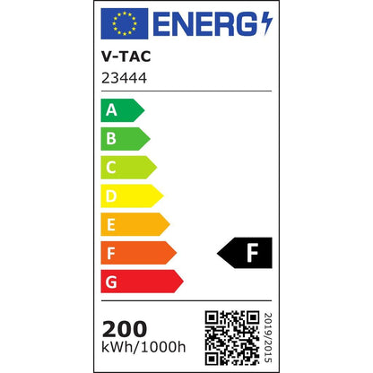 Etichetta energetica del Faro LED 200W V-TAC classe F, consumo 200 kWh/1000h, conforme agli standard europei.