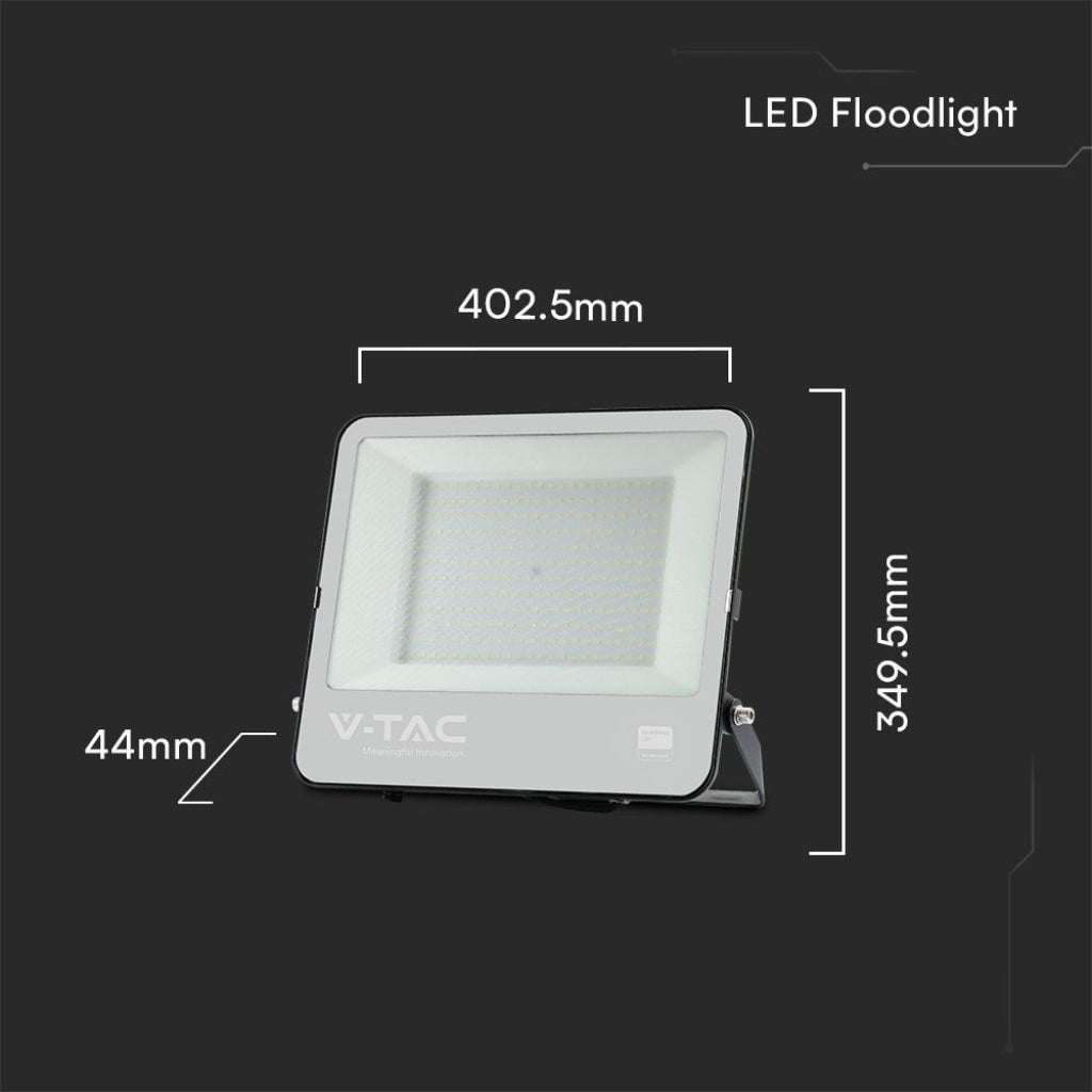 Faro LED 200W V-TAC con dimensioni 402,5x349,5x44mm, ideale per illuminazione esterna potente e compatta.