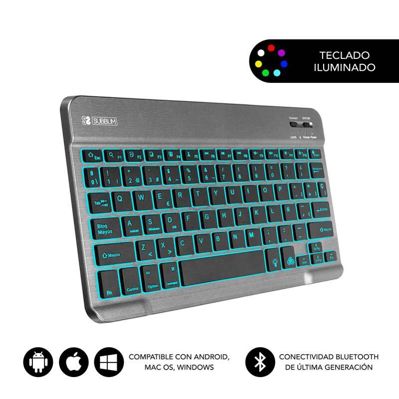 Subblim Tastiera Retroilluminata BT - 6mm di Spessore - Connettività Bluetooth 3.0 - Tasti ad Alta Precisione - Batteria Li-ion Ricaricabile - Colore Grigio