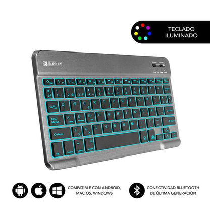 Subblim Tastiera Retroilluminata BT - 6mm di Spessore - Connettività Bluetooth 3.0 - Tasti ad Alta Precisione - Batteria Li-ion Ricaricabile - Colore Grigio
