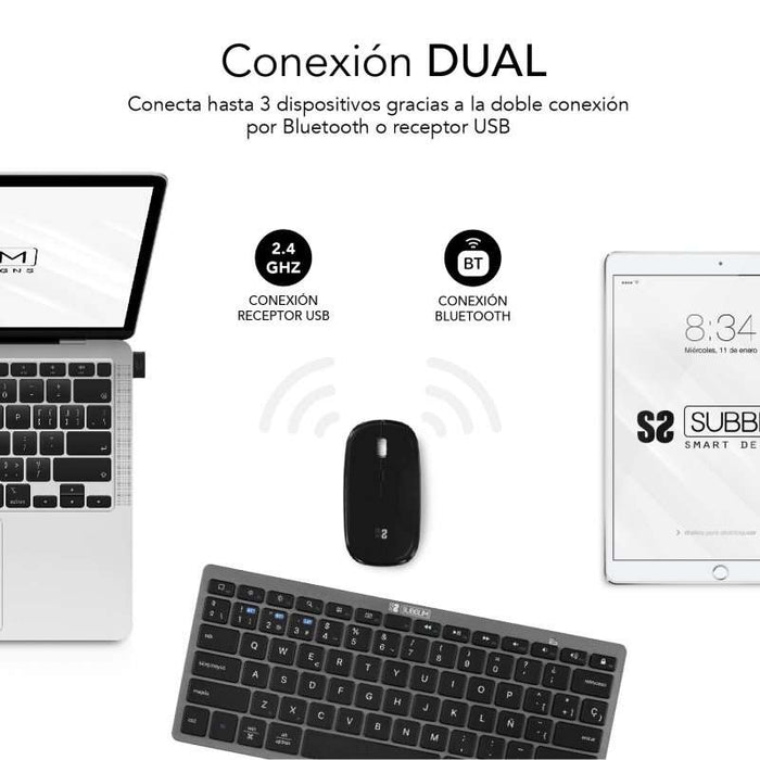 Subblim Combo Multidispositivo - Tastiera e Ratone - Tecnologia Wireless Bluetooth e Radiofrequenza 2.4G - Ratone con Batteria Ricaricabile e 3 Livelli DPI Regolabili - Colore Nero