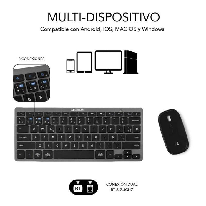 Subblim Combo Multidispositivo - Tastiera e Ratone - Tecnologia Wireless Bluetooth e Radiofrequenza 2.4G - Ratone con Batteria Ricaricabile e 3 Livelli DPI Regolabili - Colore Nero