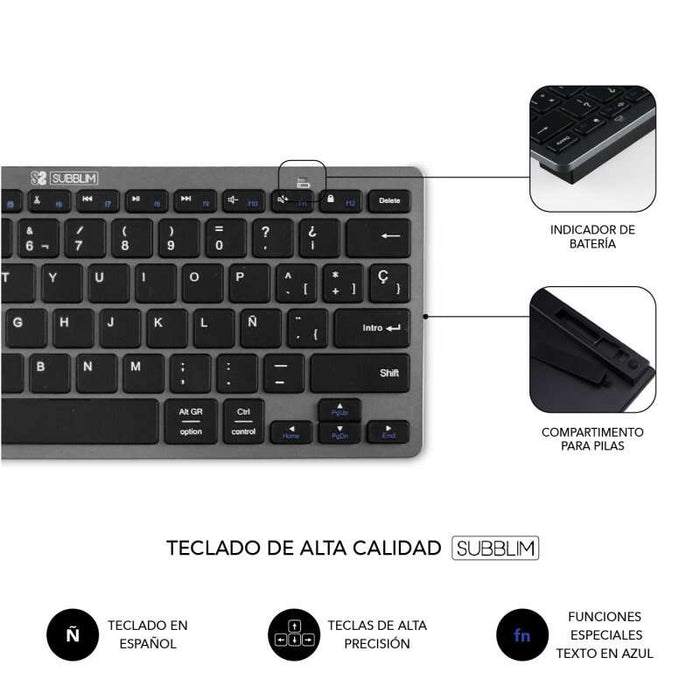 Subblim Combo Multidispositivo - Tastiera e Ratone - Tecnologia Wireless Bluetooth e Radiofrequenza 2.4G - Ratone con Batteria Ricaricabile e 3 Livelli DPI Regolabili - Colore Nero