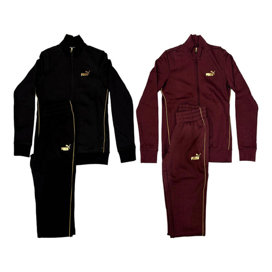 Tuta sportiva Puma full zip in tessuto nero con dettagli dorati, felpa con zip e pantaloni elasticizzati, ideale per allenamento e casual