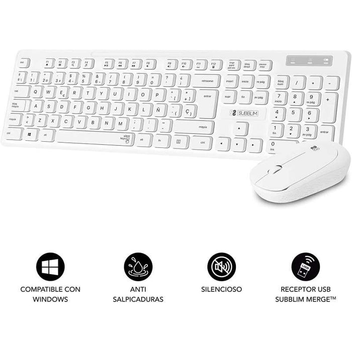 Subblim Combo Business Slim - Tastiera e Mouse Wireless - Ergonomia e Silenziosità - 2.4G - Colore Bianco