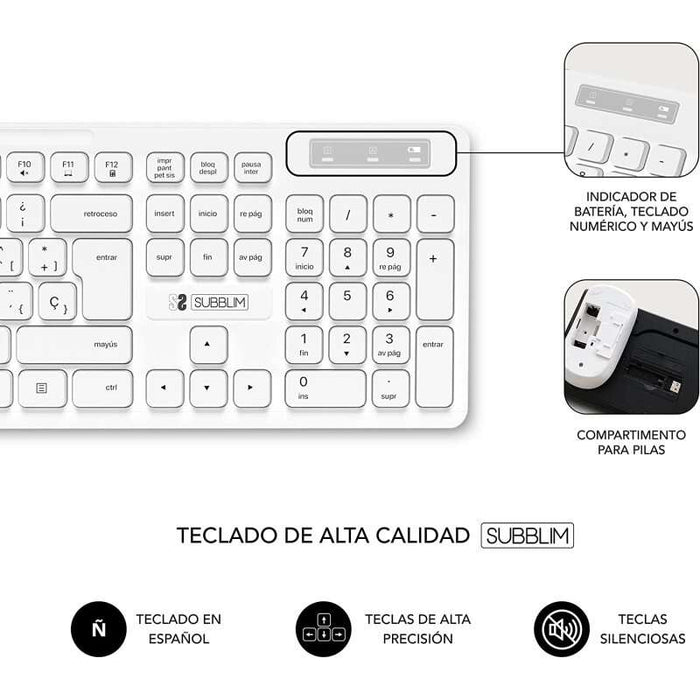 Subblim Combo Business Slim - Tastiera e Mouse Wireless - Ergonomia e Silenziosità - 2.4G - Colore Bianco