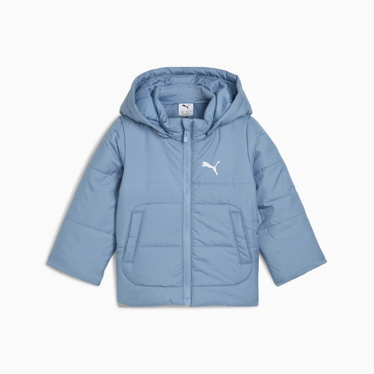 Giacca da bambino Puma azzurra con cappuccio staccabile, tessuto riciclato, zip frontale, logo Puma bianco sul petto, ideale per inverno e sport