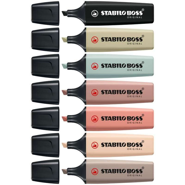 Stabilo Boss Naturecolors Espositore di 30 Evidenziatori - Tratto da 2 a 5mm - Inchiostro a Base d'Acqua - Colori Siena, Beige, Ocra Scuro, Grigio Caldo, Verde Fango, Verde Terra e Nero