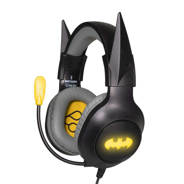 Auricolari da Gaming FR-TEC Batman con Microfono Pieghevole - Diadema Regolabile - Cuffie Imbottite - Illuminazione LED Gialla - Grigio