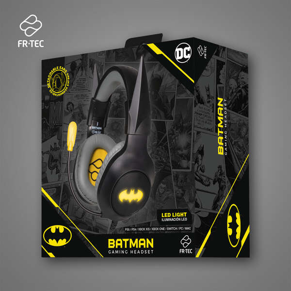 Auricolari da Gaming FR-TEC Batman con Microfono Pieghevole - Diadema Regolabile - Cuffie Imbottite - Illuminazione LED Gialla - Grigio
