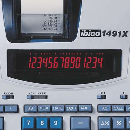 Ibico 1491X Calcolatrice Professionale Termica 14 Cifre - Display LCD 2 Colori - Stampa in Nero - Velocità 10 Righe al Secondo