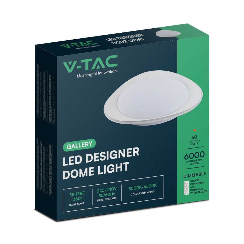 Confezione originale della plafoniera LED design da 60W, con specifiche tecniche di colore, potenza e funzionalità dimmerabile.