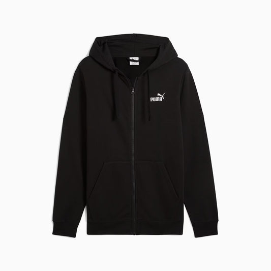 Felpa nera Puma con cappuccio, zip frontale, tasca a marsupio, logo Puma bianco sul petto, tessuto morbido e comodo, stile sportivo casual