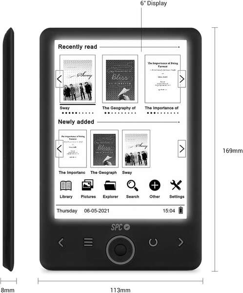 SPC Dickens Light 2 eBook - Schermo Retroilluminato 6" - Memoria senza Limite - Sottile e Leggero - Autonomia un Mese - Funzioni Pratiche - Colore Nero