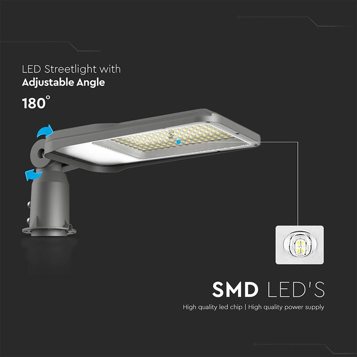 Dettaglio tecnico dell'Armatura LED Stradale 100W Samsung V-TAC con angolo regolabile a 180° e chip LED SMD ad alta efficienza luminosa.