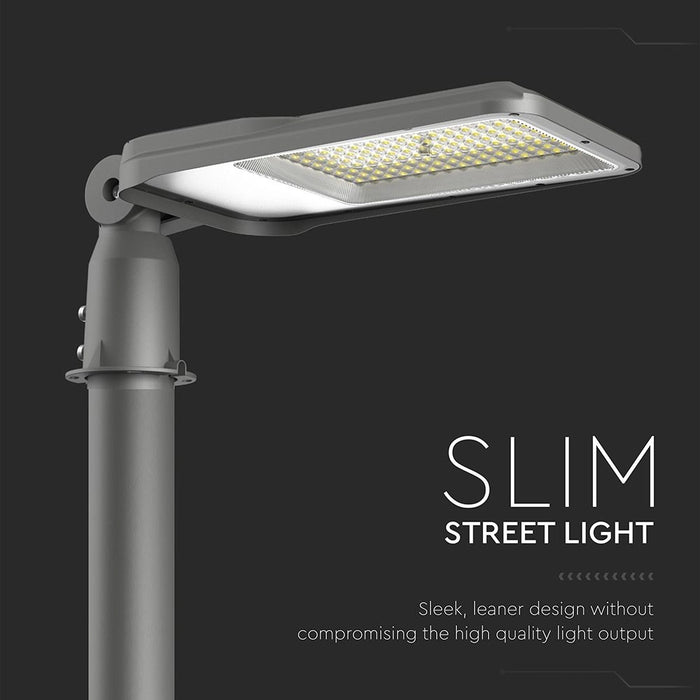 Armatura LED Stradale 100W V-TAC con corpo slim in alluminio, design compatto per prestazioni elevate in ambienti urbani e industriali.