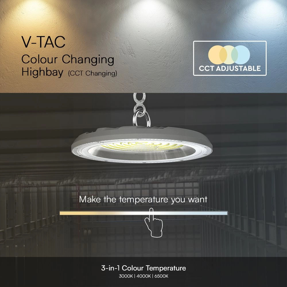 Campana LED UFO 100W CCT 3in1 IP65 con Interruttore con temperatura colore regolabile 3000K, 4000K e 6500K per ambienti industriali.