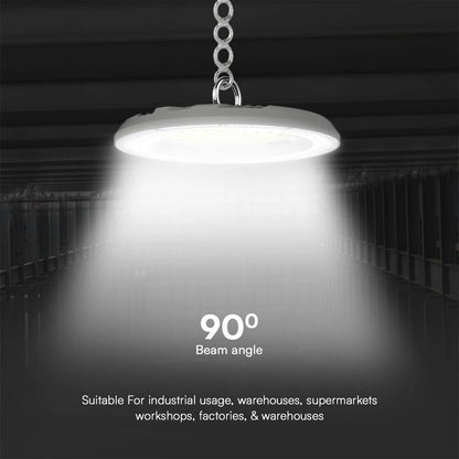 Campana LED UFO 100W CCT 3in1 IP65 con Interruttore con angolo di fascio di 90°, ideale per magazzini, officine e supermercati.