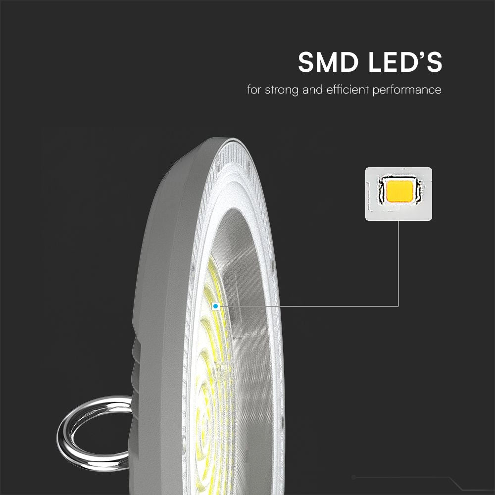 Dettaglio LED SMD della Campana LED UFO 100W CCT 3in1 IP65 con Interruttore, prestazioni elevate e lunga durata per uso industriale.