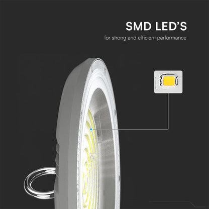 Dettaglio LED SMD della Campana LED UFO 100W CCT 3in1 IP65 con Interruttore, prestazioni elevate e lunga durata per uso industriale.