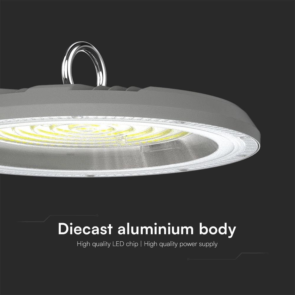 Struttura in alluminio pressofuso della Campana LED UFO 100W CCT 3in1 IP65 con Interruttore, robusta e adatta a uso professionale.