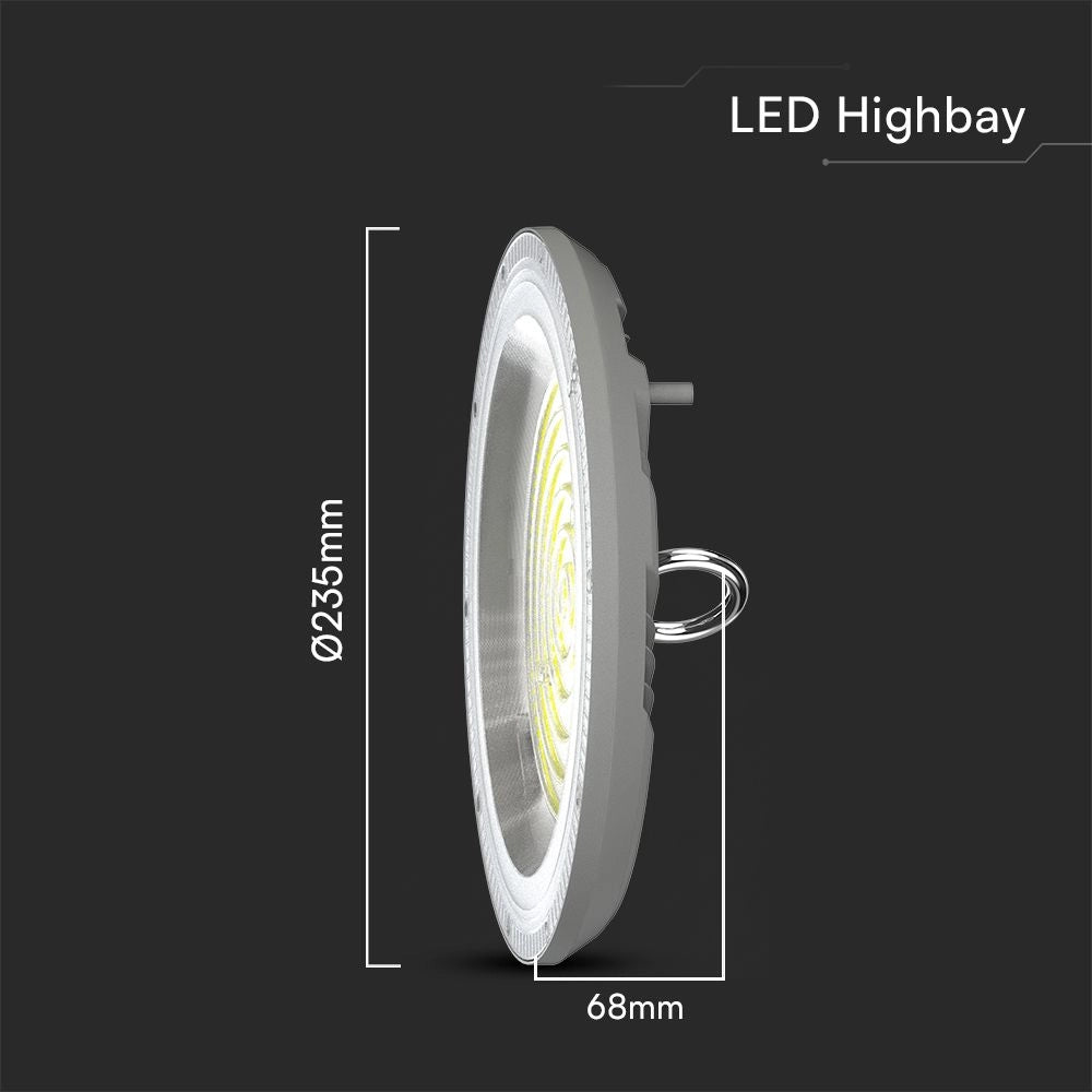 Dimensioni della Campana LED UFO 100W CCT 3in1 IP65 con Interruttore: diametro 235mm e altezza 68mm, compatta per installazioni industriali.