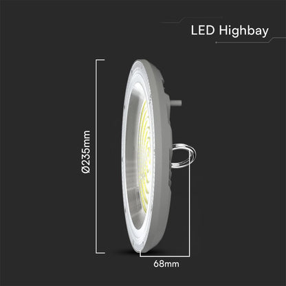 Dimensioni della Campana LED UFO 100W CCT 3in1 IP65 con Interruttore: diametro 235mm e altezza 68mm, compatta per installazioni industriali.