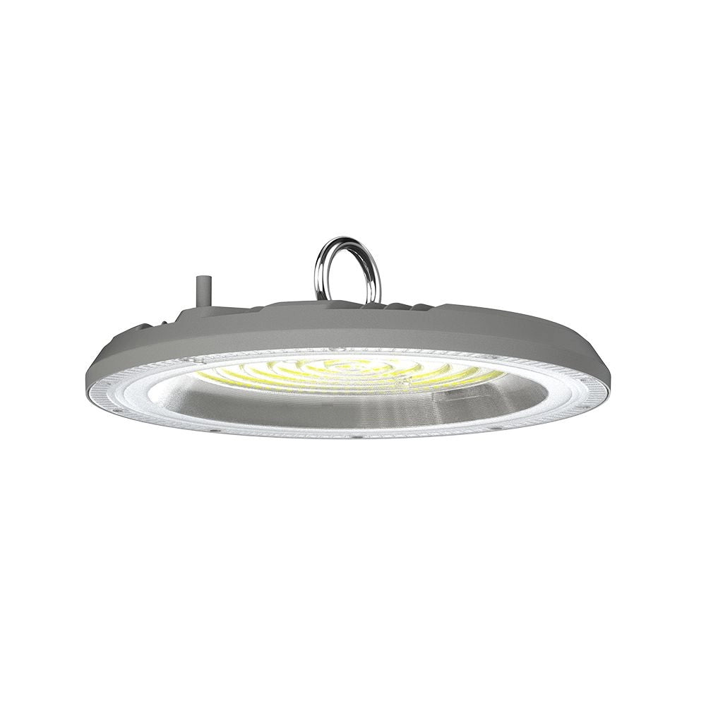 Campana LED UFO 100W CCT 3in1 IP65 con Interruttore in alluminio grigio, design compatto per illuminazione industriale efficiente.
