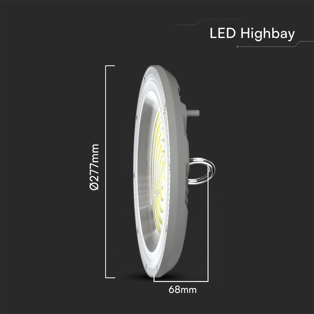 Dimensioni della Campana LED UFO 150W CCT 3in1 IP65: diametro 277mm e altezza 68mm, design compatto per installazioni industriali.